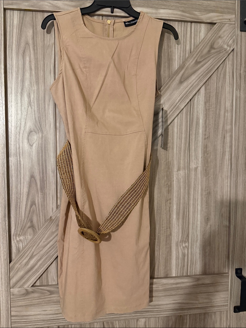 Nina Leonard Beige Sleeveless Mini Dress with Woven Belt